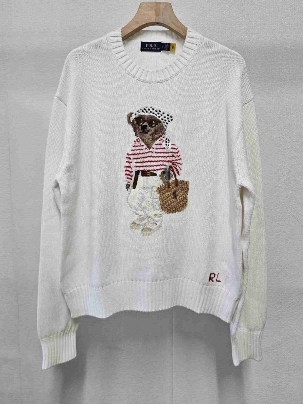 Polo Ralph Lauren Cream French‑Style Lady Polo Bear Crewneck Knit Sweater